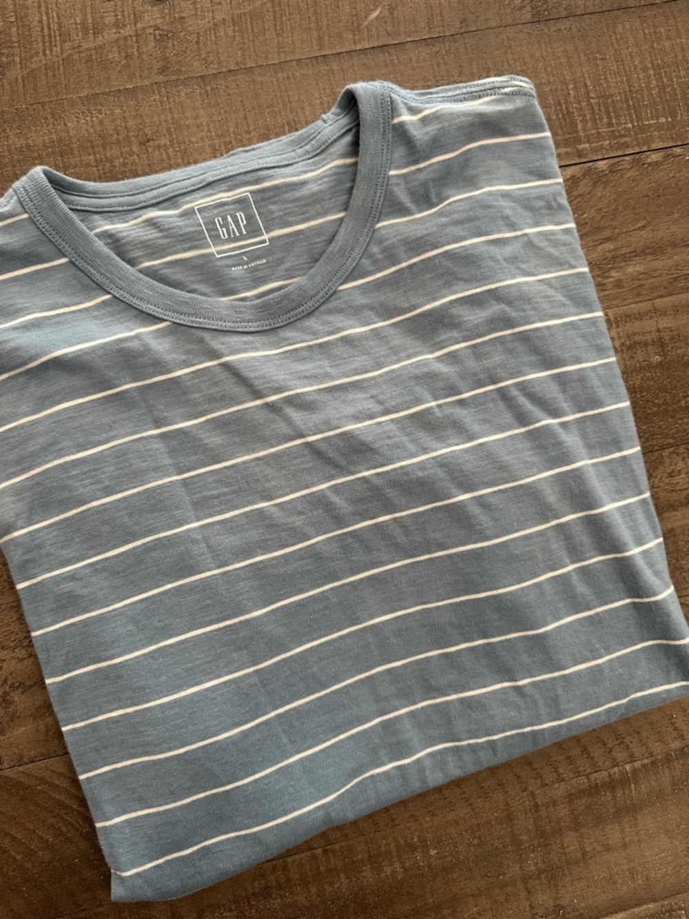 GAP Light Blue and White Striped Crewneck Tee